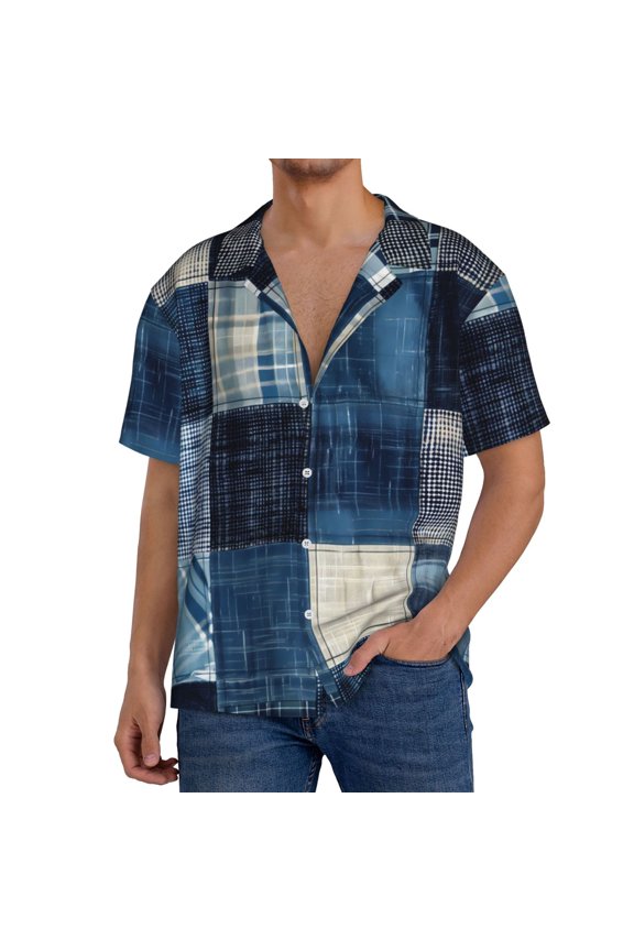 Indigo Patchwork Quilt Pattern Men's Short Sleeve Classic Shirt, Casual Short-Sleeved Shirt, Lightweight Summer Shirt, Cuban Collar Shirt,Button-Front Shirt-3X-Large