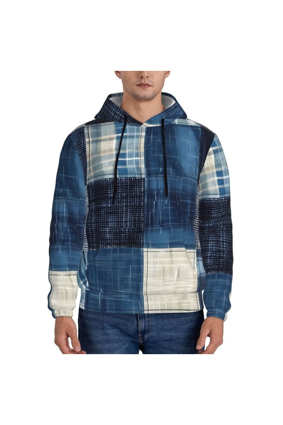 Indigo Patchwork Quilt Pattern Mens Hoodie, Pullover Hooded Sweatshirt, Kangaroo Pocket Hoodie Ideal for Daily Wear, Travel and Home-Medium