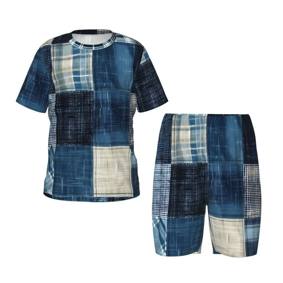 Rateoe Indigo Patchwork Quilt Print Kids’ Cozy Short-Sleeved Pajama Set – Breathable Cotton Sleepwear, Soft and Comfortable 2-Piece PJs for Boys & Girls-Small