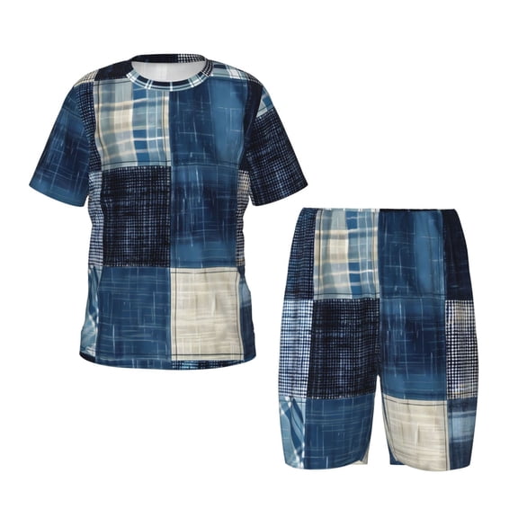 Rateoe Indigo Patchwork Quilt Print Kids’ Cozy Short-Sleeved Pajama Set – Breathable Cotton Sleepwear, Soft and Comfortable 2-Piece PJs for Boys & Girls-X-Large