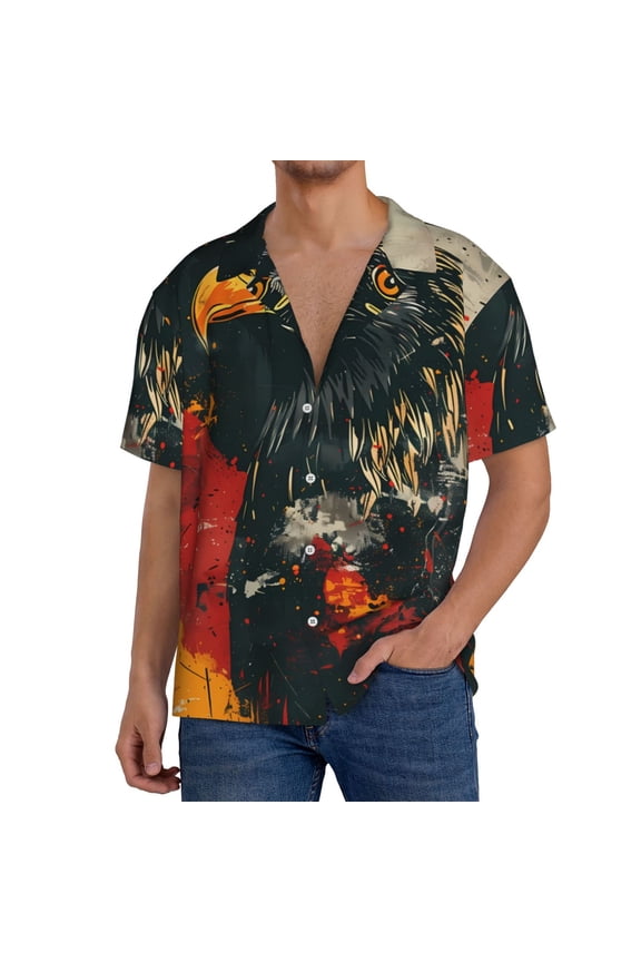 Ink Style Bald Eagle Pattern Men's Short Sleeve Classic Shirt, Casual Short-Sleeved Shirt, Lightweight Summer Shirt, Cuban Collar Shirt,Button-Front Shirt-3X-Large