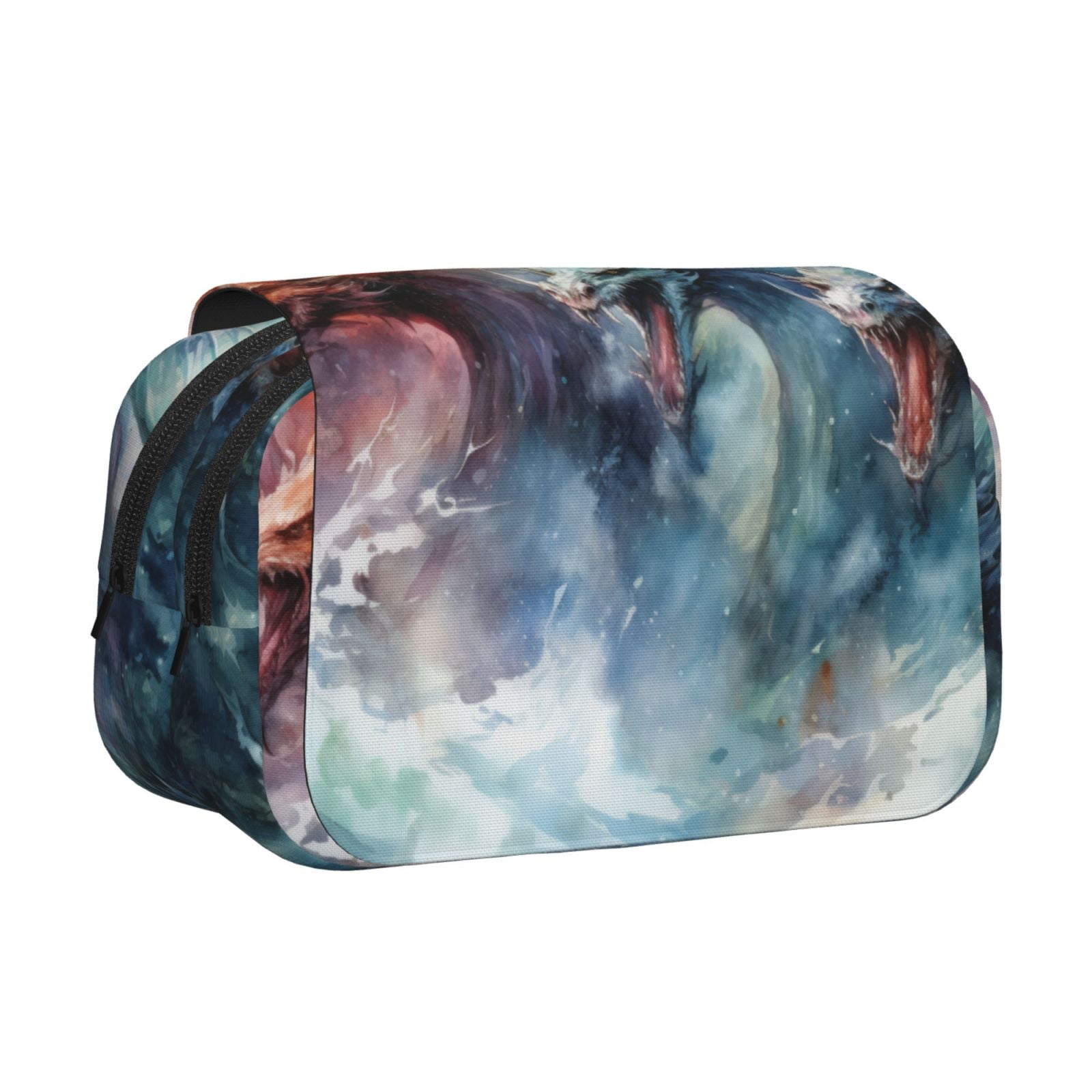 Rateoe Ink Style Wave Dragon Pattern Double Clamshell Pen Case, Storage Organizer with Two Zipper Compartments– Holds Up to 50 Pencils & Pens