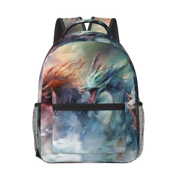 Rateoe Ink Style Wave Dragon Pattern Durable Student Backpack Laptop Bag- Ergonomic Design, Waterproof Twill Fabric - Ideal for School, Travel, and Outdoor Activities