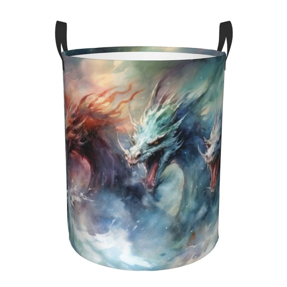 Rateoe Ink Style Wave Dragon Pattern Round Laundry Hamper Basket, Tall Hamper Basket for Blanket Storage, Nursery Clothes Hamper for Laundry in Bedroom and College Dorm-Small