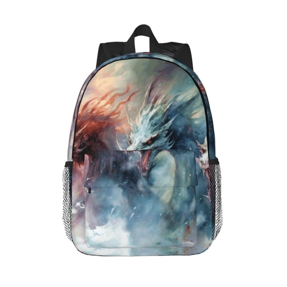 Rateoe Ink Style Wave Dragon Pattern Student Backpack Water-resistant Backpack 15-inch Laptop Backpack Lightweight Adjustable School Backpack