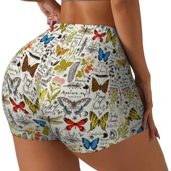 Rateoe Insects And Medicinal Herbs Printed Power Workout Shorts for Women Tummy Control Squat Proof Ribbed Thick Seamless Scrunch Active Short-Large