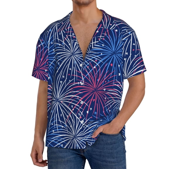 Rateoe Ireworks In The Night Sky Print Mens Front Pocket Hawaiian Shirts Casual Shirts Short Sleeve Button Down Beach Tropical Shirts-XX-Large