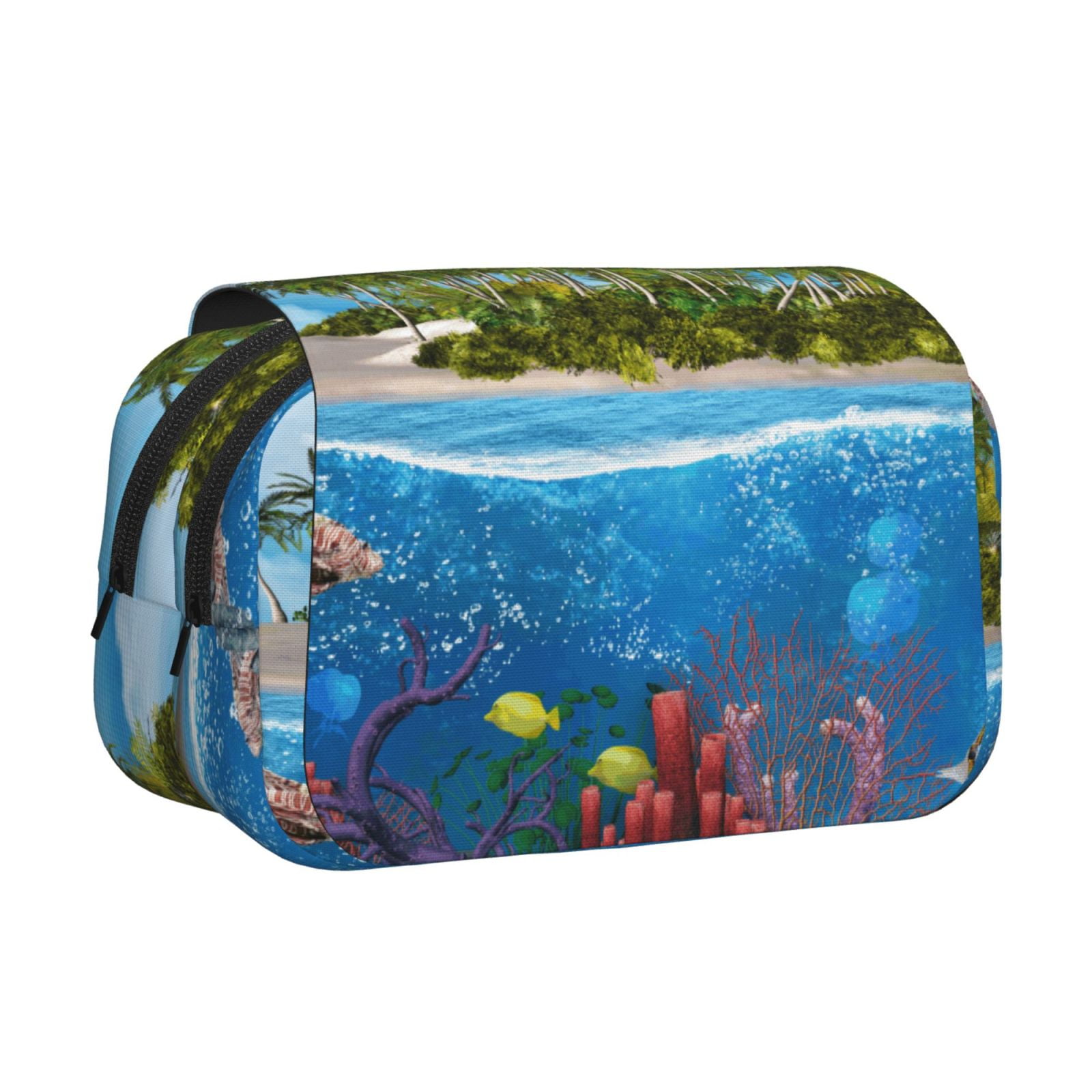 Rateoe Island And Coral Reef Pattern Double Clamshell Pen Case, Storage Organizer with Two Zipper Compartments– Holds Up to 50 Pencils & Pens