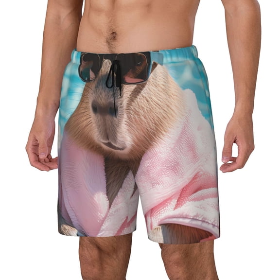 Rateoe Island Vacation Guinea Pig Pattern Men’s Swim Shorts with Compression Liner – Double-Layered Quick-Dry Swimwear, Comfortable & Stretchy Beach Shorts-X-Large