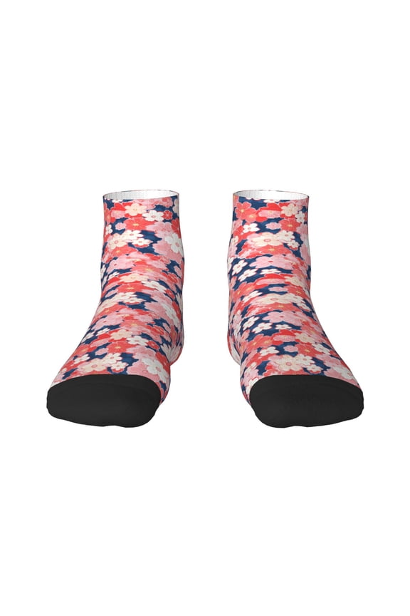 Japanese Cherry Blossoms Pattern Quarter Crew Socks,Toe Seamed Ankle Socks,Cotton Cushioned Breathable Athletic Crew Sports Socks