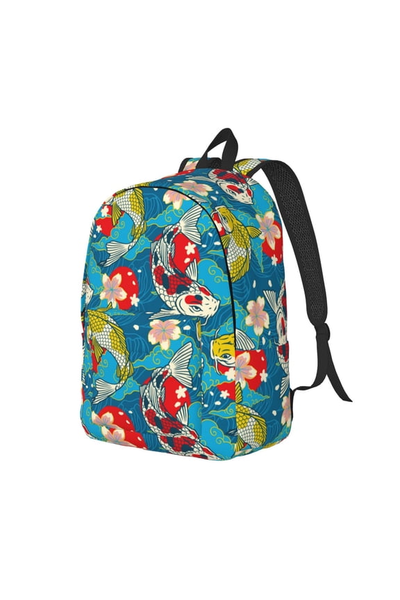 Japanese Koi Pattern Durable Canvas Backpack for Men & Women – Stylish & Lightweight – Adjustable Straps, Multiple Pockets – Fits 15-17 Inch LaptopsSmall