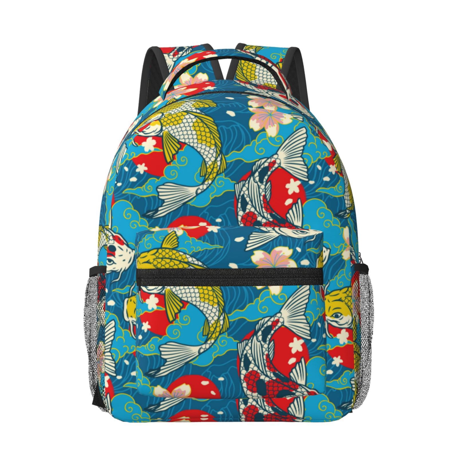 Rateoe Japanese Koi Pattern Durable Student Backpack Laptop Bag- Ergonomic Design, Waterproof Twill Fabric - Ideal for School, Travel, and Outdoor Activities