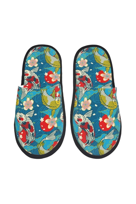 Japanese Koi Pattern Fuzzy Slippers Fuzzy Soft House Slippers Plush Furry Warm Cozy Open Toe Fluffy Home Shoes-Medium