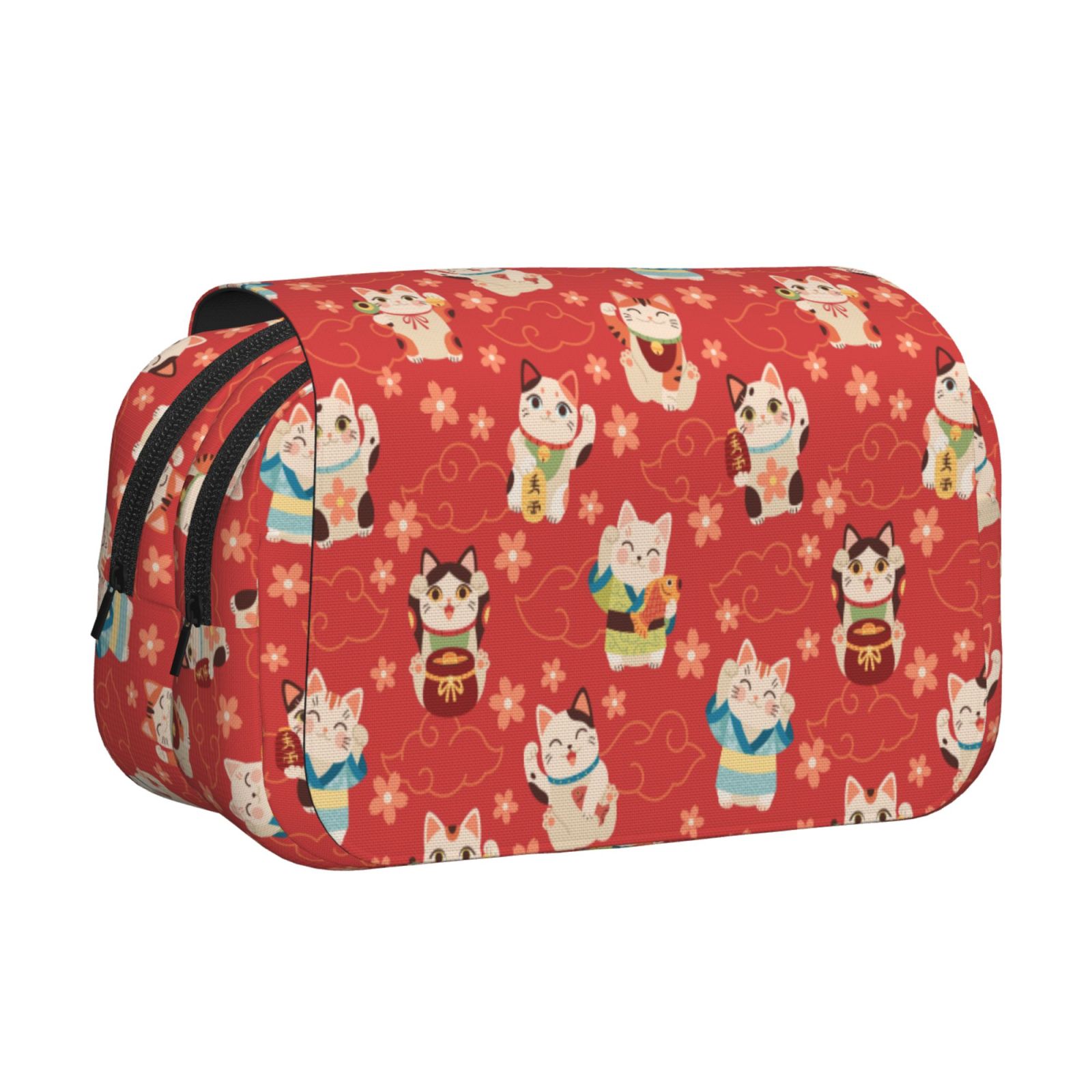 Rateoe Japanese Maneki Cats Pattern Double Clamshell Pen Case, Storage Organizer with Two Zipper Compartments– Holds Up to 50 Pencils & Pens