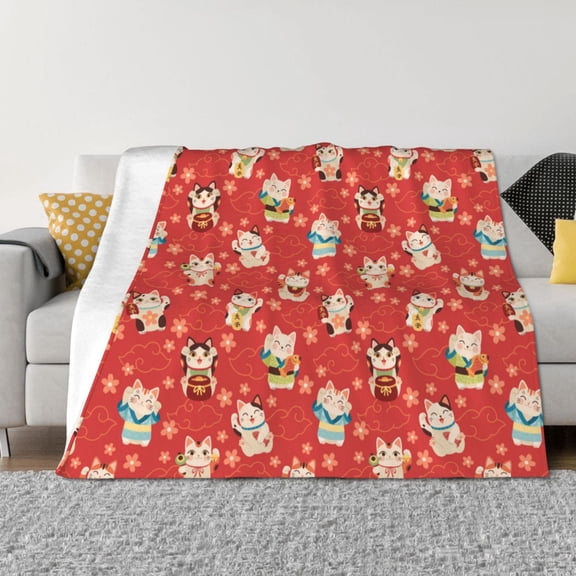 Rateoe Japanese Maneki Cats Pattern Flannel Throw Blanket, Ultra-soft Blanket for Bed, Couch, Car, Hypoallergenic Anti-pilling blanket-40"x30"(Horizontal)