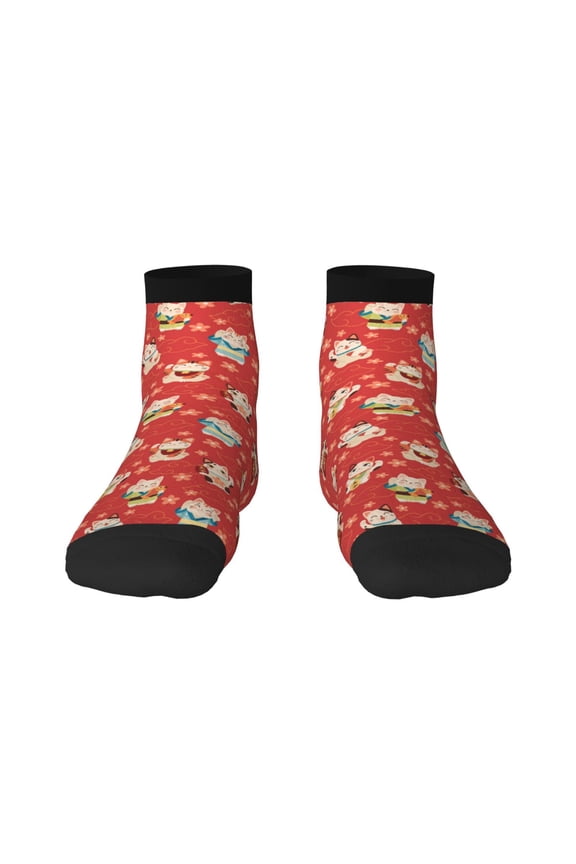 Japanese Maneki Cats Pattern Quarter Crew Socks,Toe Seamed Ankle Socks,Cotton Cushioned Breathable Athletic Crew Sports Socks