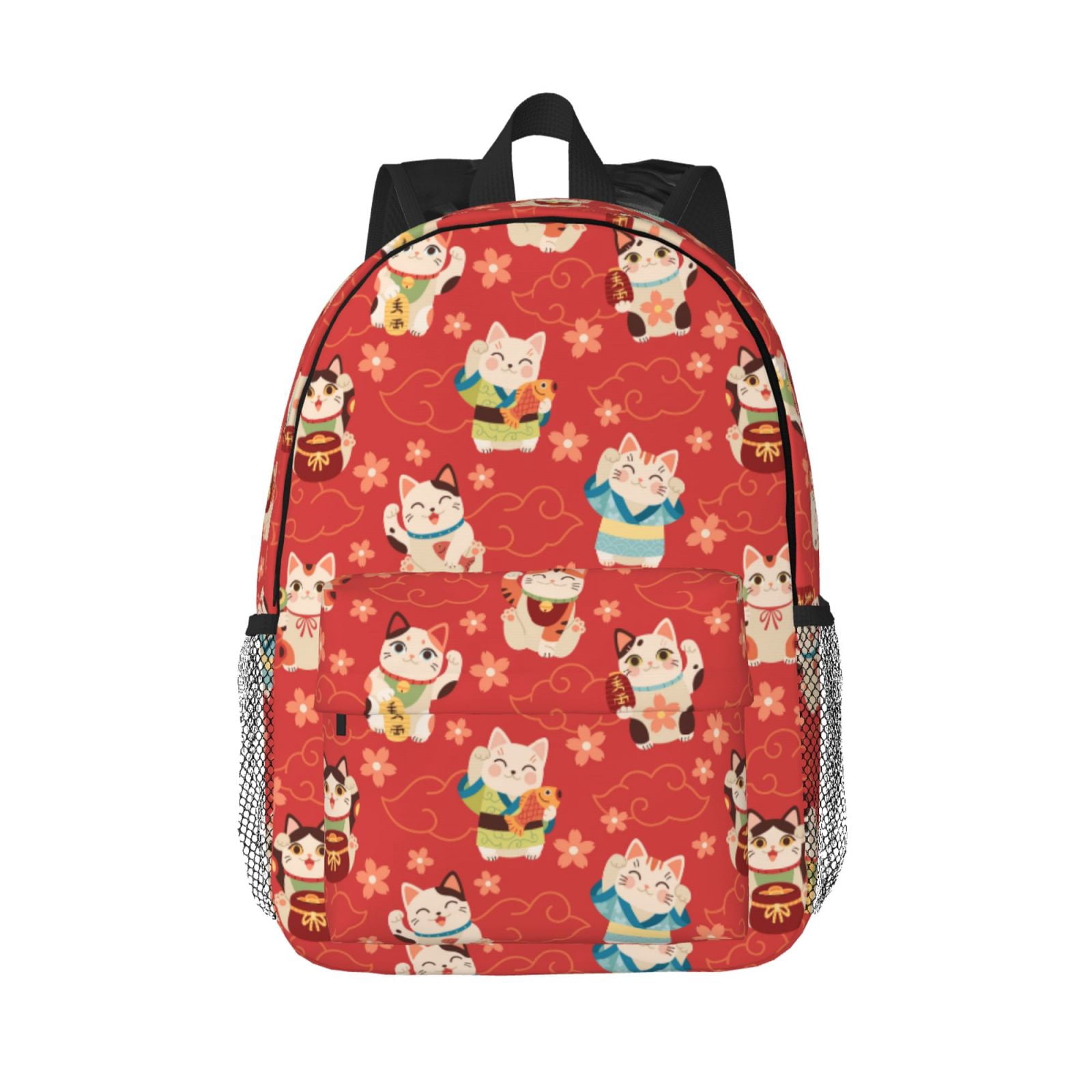Rateoe Japanese Maneki Cats Pattern Student Backpack Water-resistant Backpack 15-inch Laptop Backpack Lightweight Adjustable School Backpack