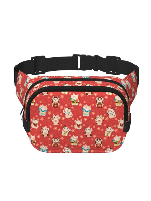 Japanese Maneki Cats Print Fanny Pack Belt Bag for Women and Men, Square Double-Layer Waterproof Waist Pack with Adjustable Strap for Hiking, Jogging, Cycling