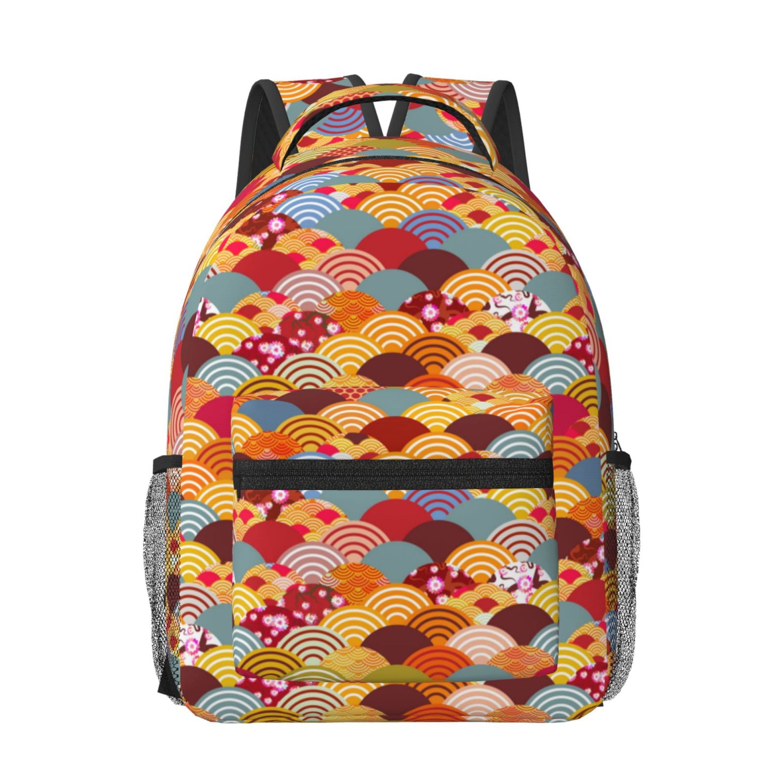 Rateoe Japanese Style Fish Scales Pattern Durable Student Backpack Laptop Bag- Ergonomic Design, Waterproof Twill Fabric - Ideal for School, Travel, and Outdoor Activities