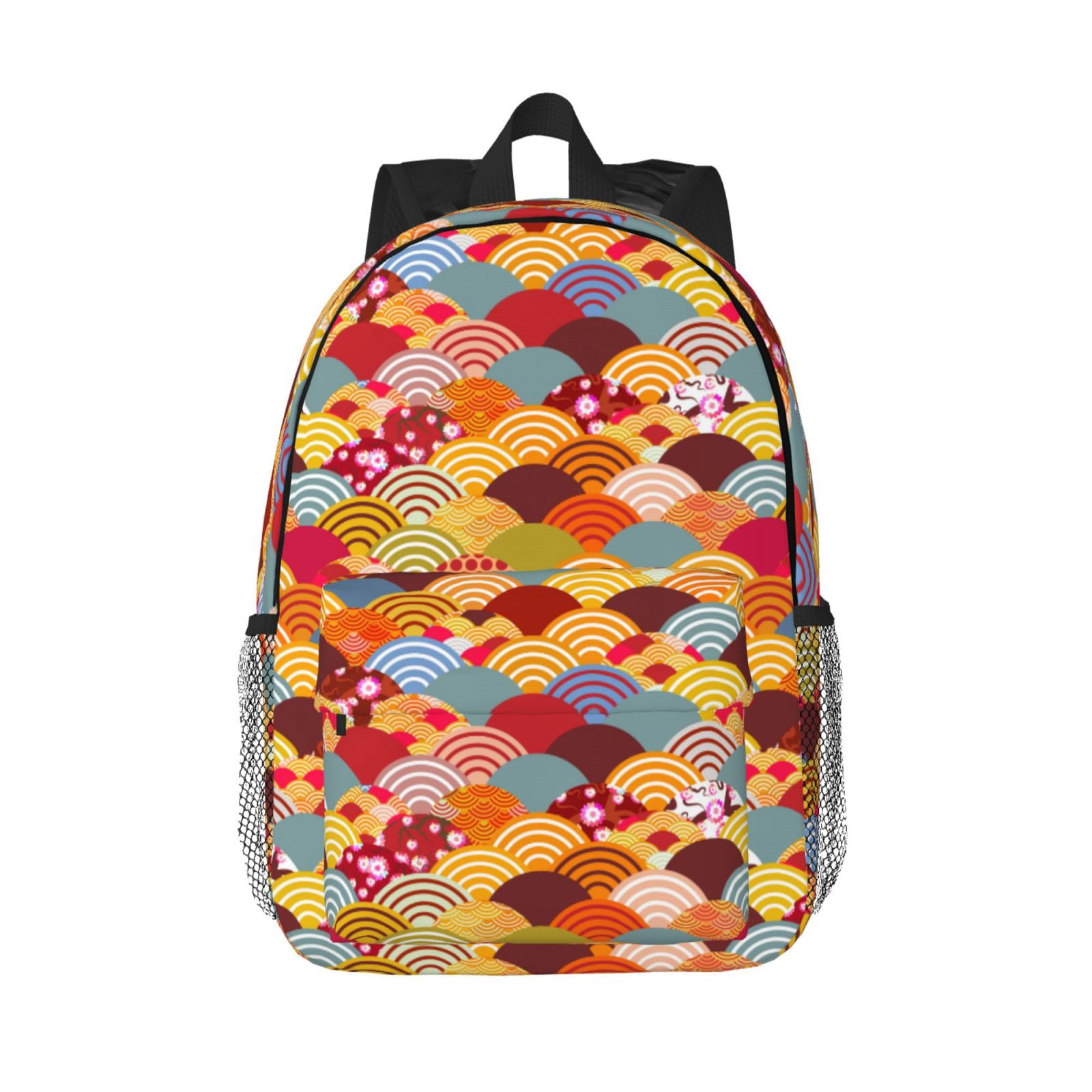 Rateoe Japanese Style Fish Scales Pattern Student Backpack Water-resistant Backpack 15-inch Laptop Backpack Lightweight Adjustable School Backpack