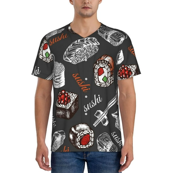 Rateoe Japanese Sushi Hashi Pattern Men’s Baseball Short Sleeve Polo Shirt, Midweight Men's Shirt Golf Shirt Polo Shirts Quick Dry Short-3X-Large
