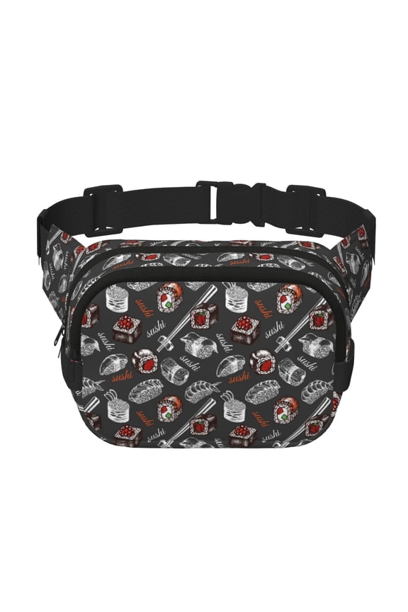 Japanese Sushi Hashi Print Fanny Pack Belt Bag for Women and Men, Square Double-Layer Waterproof Waist Pack with Adjustable Strap for Hiking, Jogging, Cycling