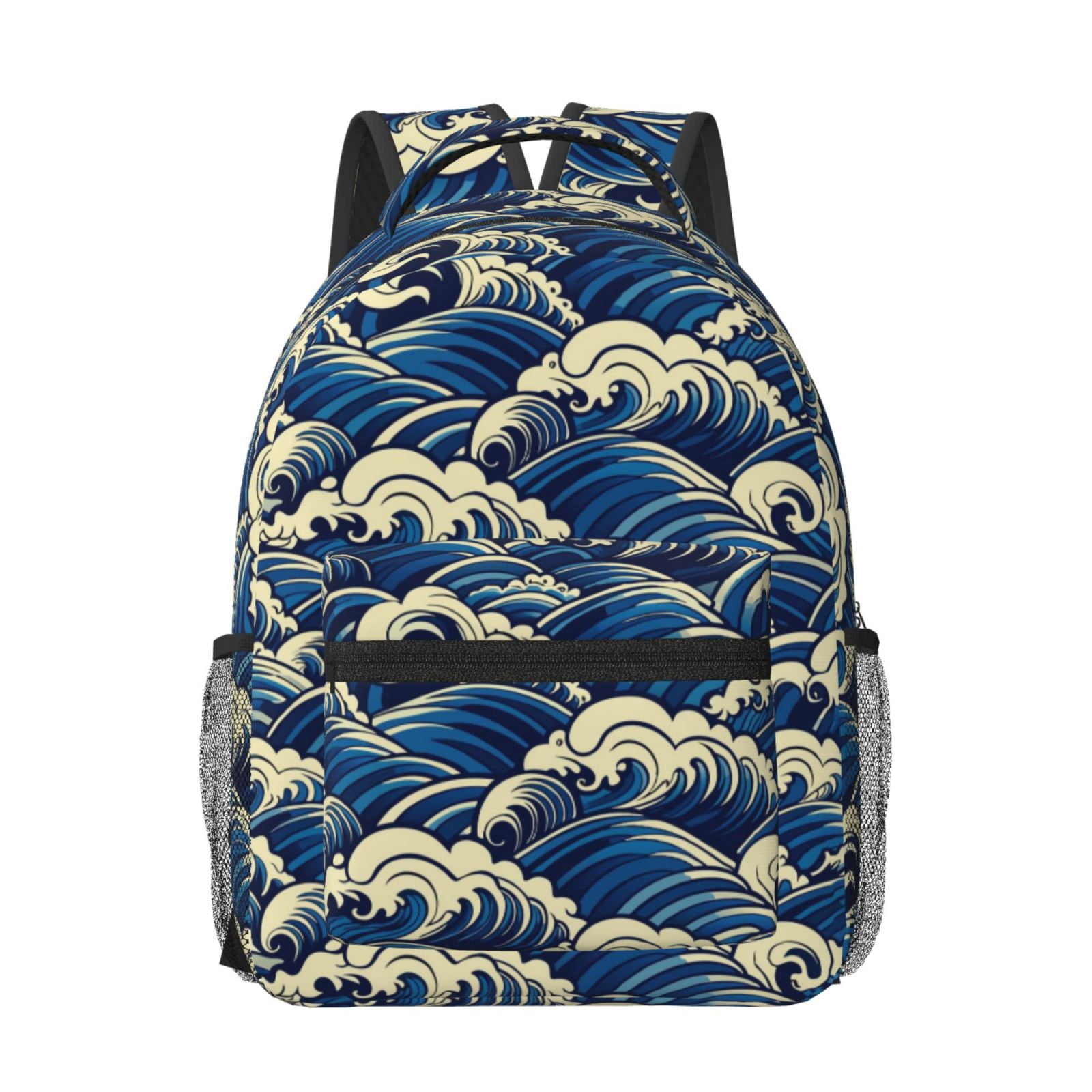 Rateoe Japanese Water Wave Pattern Durable Student Backpack Laptop Bag- Ergonomic Design, Waterproof Twill Fabric - Ideal for School, Travel, and Outdoor Activities-One Size