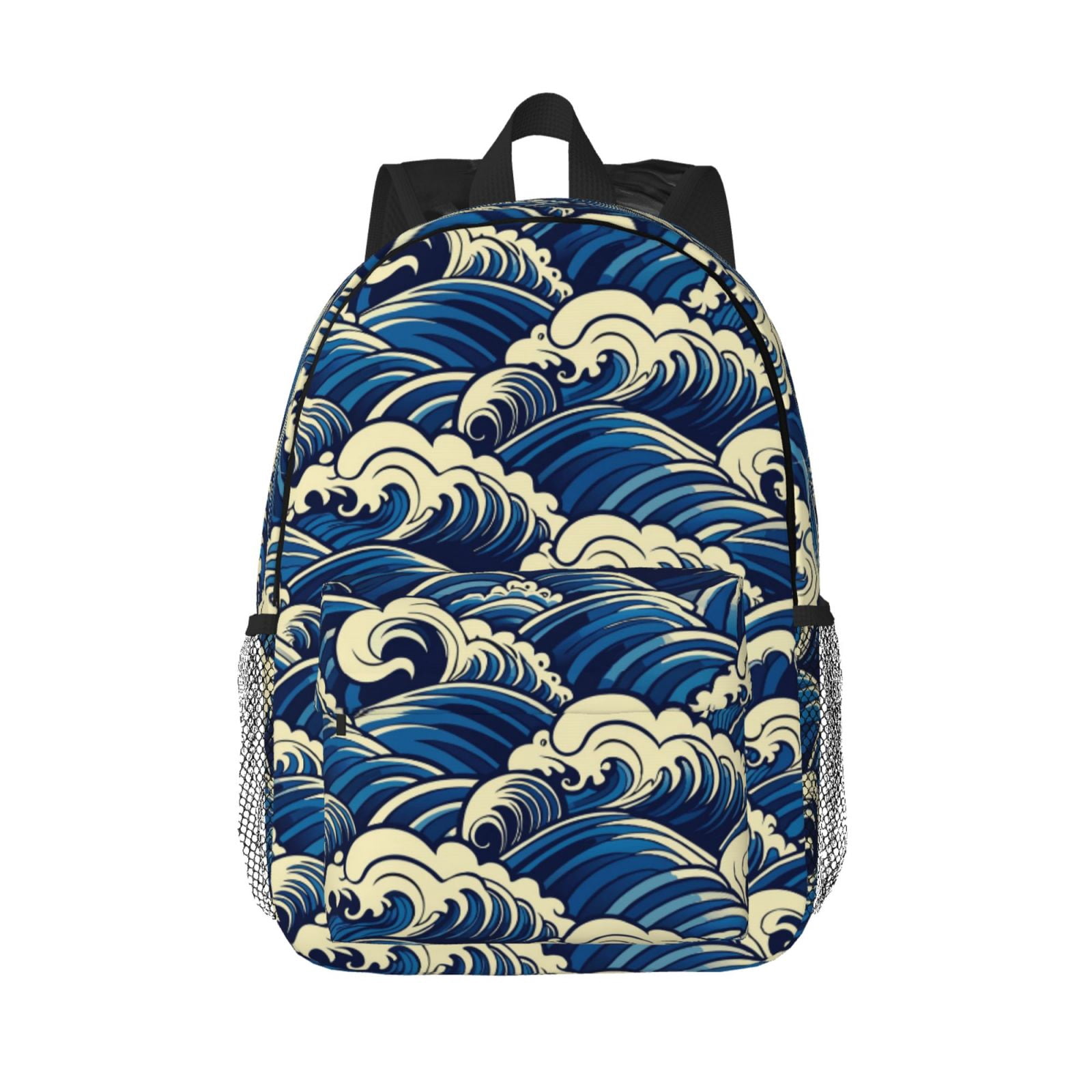 Rateoe Japanese Water Wave Pattern Student Backpack Water-resistant Backpack 15-inch Laptop Backpack Lightweight Adjustable School Backpack