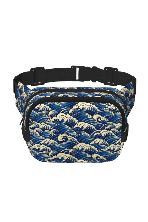 Japanese Water Wave Print Fanny Pack Belt Bag for Women and Men, Square Double-Layer Waterproof Waist Pack with Adjustable Strap for Hiking, Jogging, Cycling