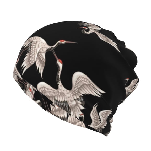Rateoe Japanese White Crane Cotton Slouchy Beanie Hat for Men/Women,Lightweight Oversize Large Thin Skull Cap Night Sleeping Cap