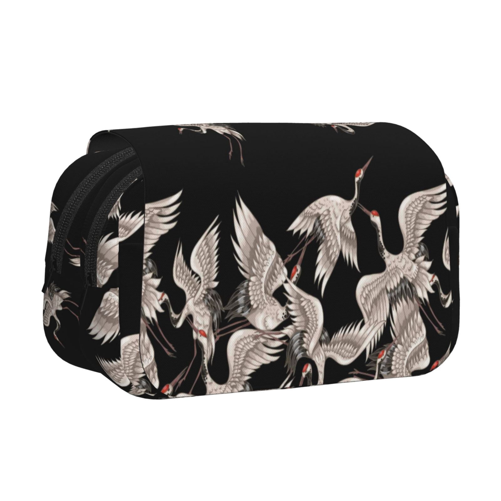 Rateoe Japanese White Crane Pattern Double Clamshell Pen Case, Storage Organizer with Two Zipper Compartments– Holds Up to 50 Pencils & Pens