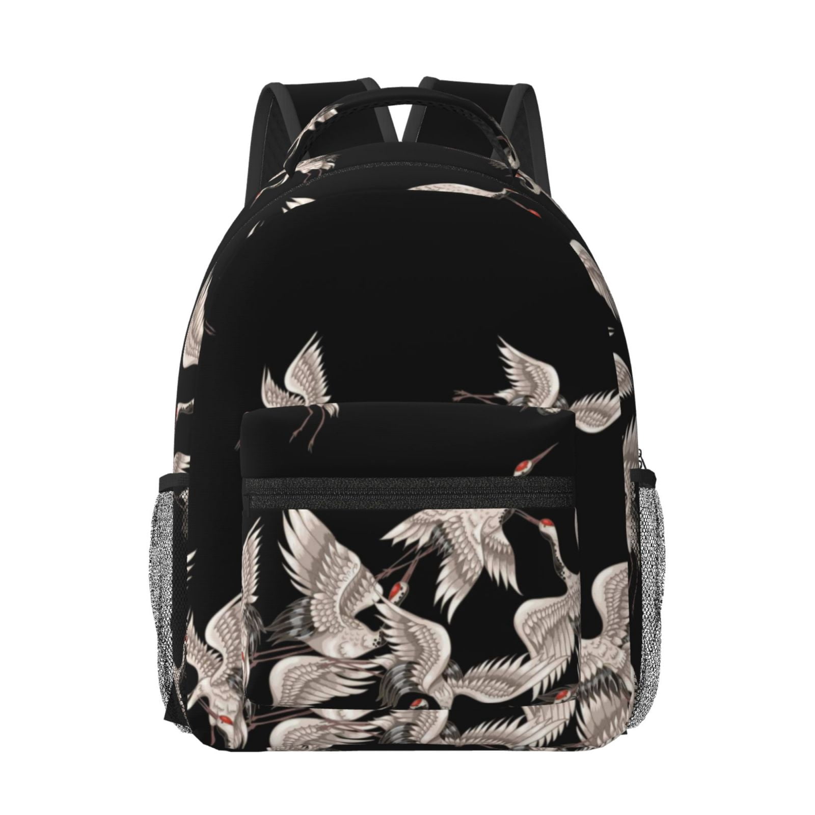 Rateoe Japanese White Crane Pattern Durable Student Backpack Laptop Bag- Ergonomic Design, Waterproof Twill Fabric - Ideal for School, Travel, and Outdoor Activities