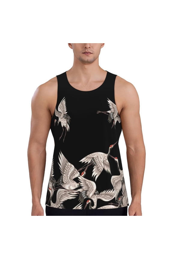 Japanese White Crane Pattern Sleeveless Gym Shirt Muscle Tee Breathable Workout Shirt Slim-Fit Tank Quick Dry Fit Muscle Tank Top Bodybuilding Sleeveless T Shirt-XX-Large