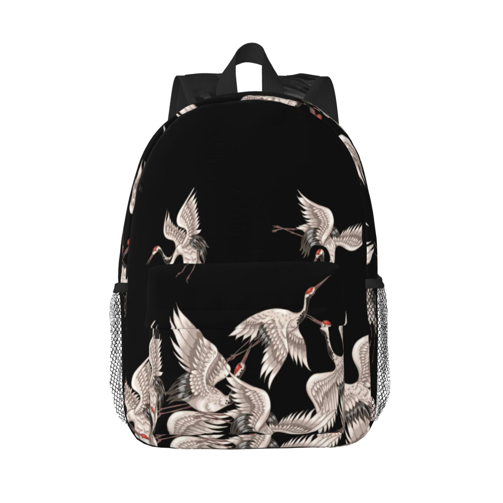 Rateoe Japanese White Crane Pattern Student Backpack Water-resistant Backpack 15-inch Laptop Backpack Lightweight Adjustable School Backpack