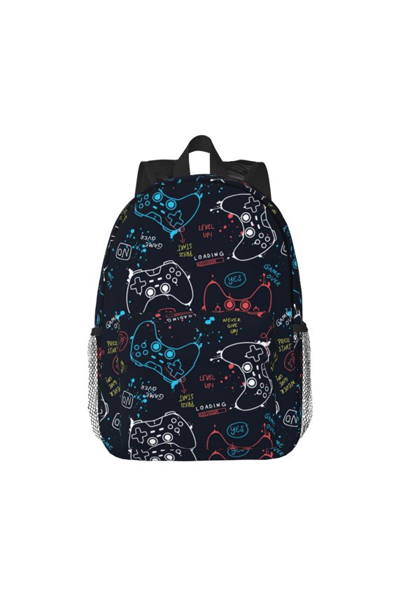 Joystick Gamepad Pattern Student Backpack Water-resistant Backpack 15-inch Laptop Backpack Lightweight Adjustable School Backpack