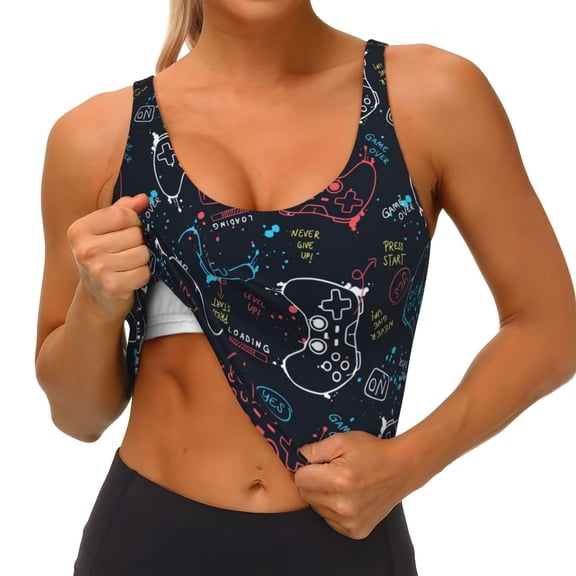 Rateoe Joystick Gamepad Print Womens' Sports Bras Scoop Neck Sports Vest- Padded U Back Seamless High Impact Support