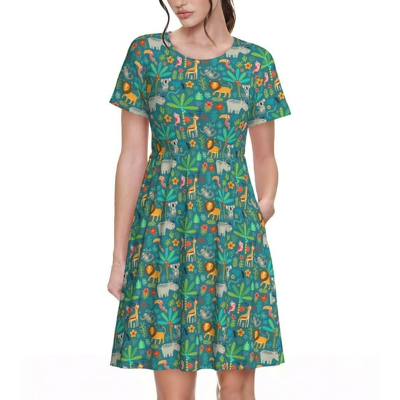 Rateoe Jungle Animals Pattern Women’s Short Sleeve Dress – Casual Elegant Summer A-Line Dress for Everyday Wear