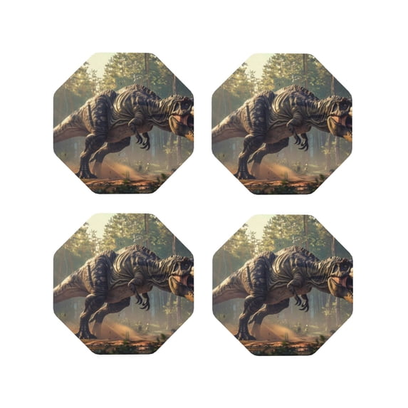 Rateoe Jungle Dinosaur Drawing Drink Coasters Set of 4 Leather Coasters Spill Protection for Table Desk,Durable and Non Slip Leather Coaster ,4 Inches Drink Mats-Octagon