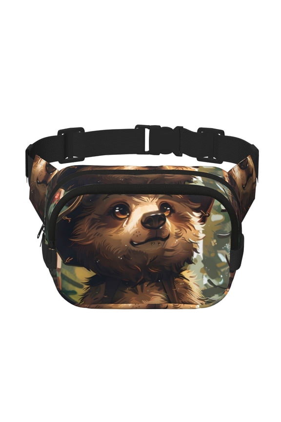 Jungle Hat Bear Print Fanny Pack Belt Bag for Women and Men, Square Double-Layer Waterproof Waist Pack with Adjustable Strap for Hiking, Jogging, Cycling