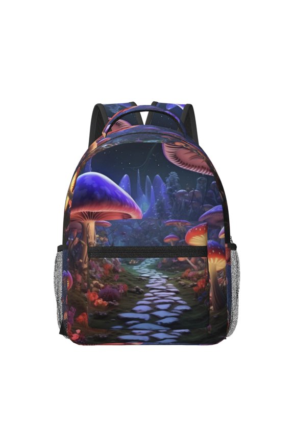 Jungle Path Glowing Mushrooms Pattern Durable Student Backpack Laptop Bag- Ergonomic Design, Waterproof Twill Fabric - Ideal for School, Travel, and Outdoor Activities