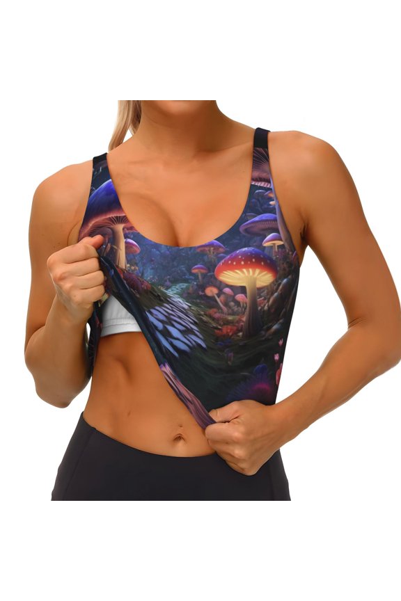Jungle Path Glowing Mushrooms Print Womens' Sports Bras Scoop Neck Sports Vest- Padded U Back Seamless High Impact Support