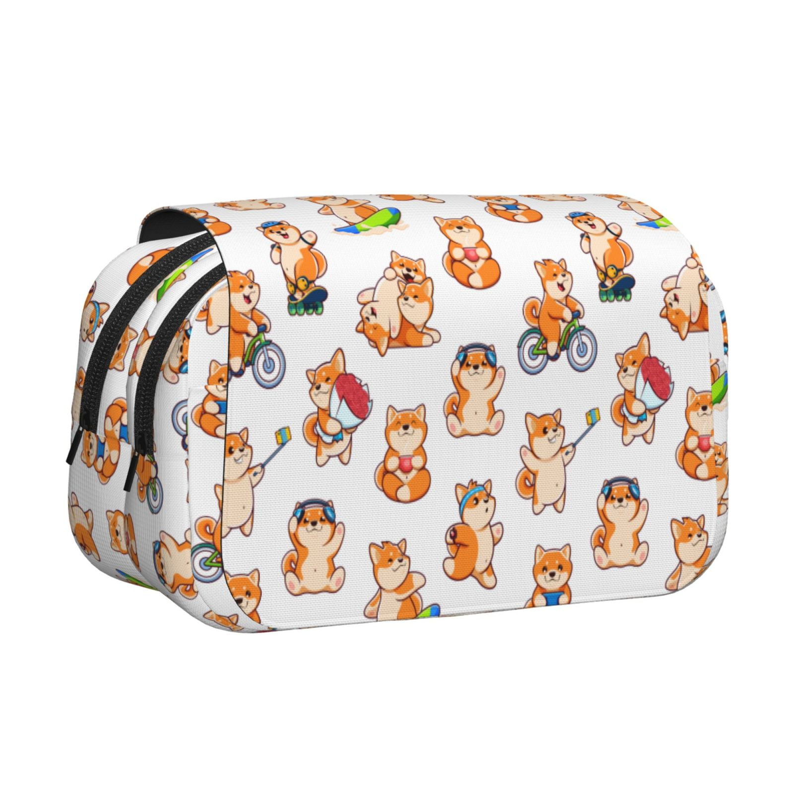 Rateoe Kawaii Shiba Dog Pattern Double Clamshell Pen Case, Storage Organizer with Two Zipper Compartments– Holds Up to 50 Pencils & Pens