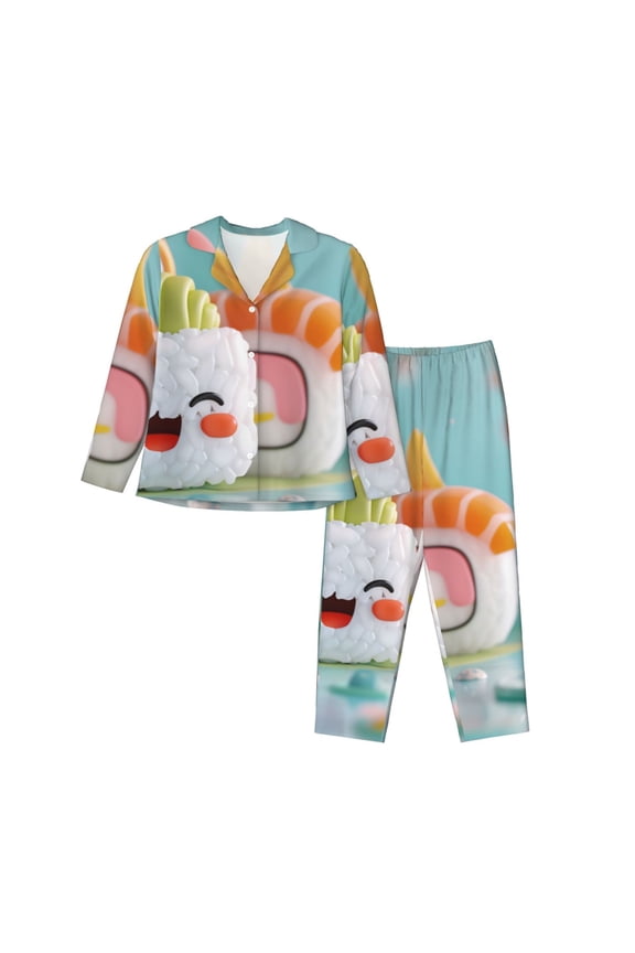 Kawaii Sushi Characters Delight Pattern Womens Pajamas Set Long Sleeve Sleepwear Button Down Nightwear Soft Cotton Pj Lounge Sets-