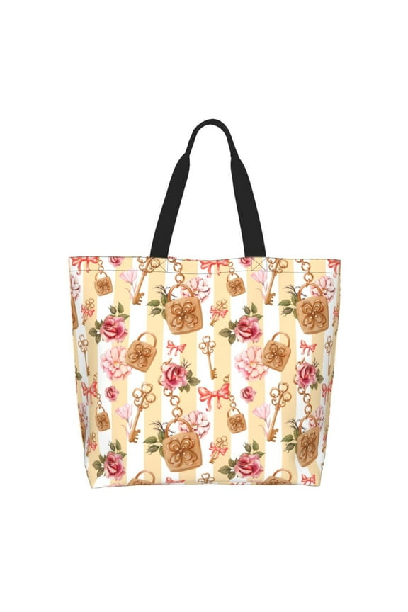 Key Lock And Flowers Tote Bag - Waterproof Lightweight Handbags Travel Shoulder Bag for Hiking Yoga Gym Swimming Travel Beach