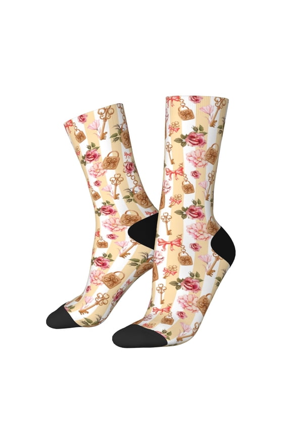 Key Lock And Flowers for Women Casual Calf Socks - Cute Crew Socks - Thin Soft Above Ankle Socks Size 5-11