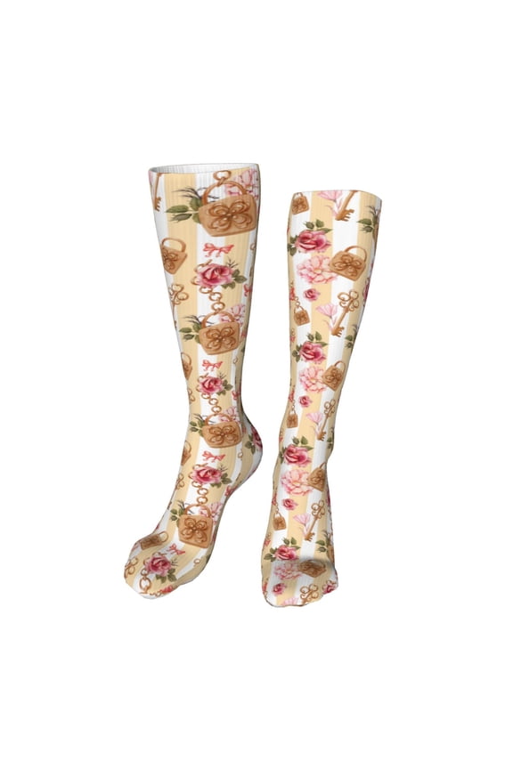 Key Lock And Flowers print Women's Men's Novelty 20in Crew Socks Cotton Socks Knee High Socks for Walking,Running,Nurses,Pregnancy-One Size