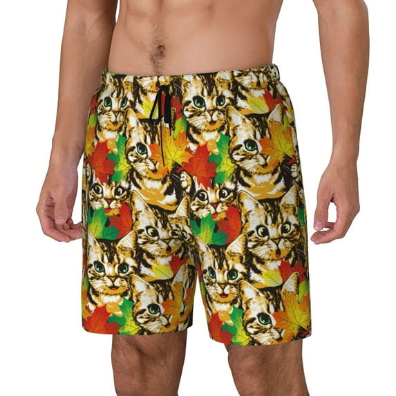 Rateoe Kittens With Maple Leaves Pattern Men’s Swim Shorts with Compression Liner – Double-Layered Quick-Dry Swimwear, Comfortable & Stretchy Beach Shorts-X-Large