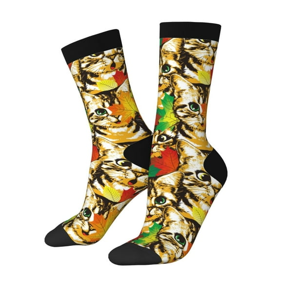 Rateoe Kittens With Maple Leaves for Women Casual Calf Socks - Cute Crew Socks - Thin Soft Above Ankle Socks Size 5-11