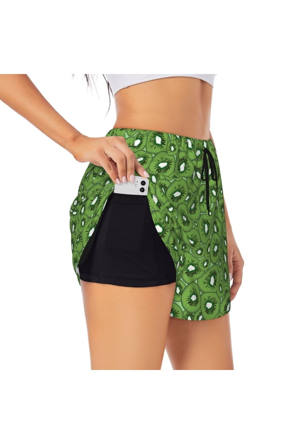 Kiwi Fruit Printed 2 in 1 Women's Workout Shorts for Athletic Gym Running Shorts with Phone Pockets-