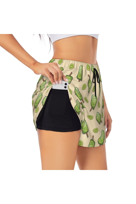 Kiwi Ice Cream Printed 2 in 1 Women's Workout Shorts for Athletic Gym Running Shorts with Phone Pockets-